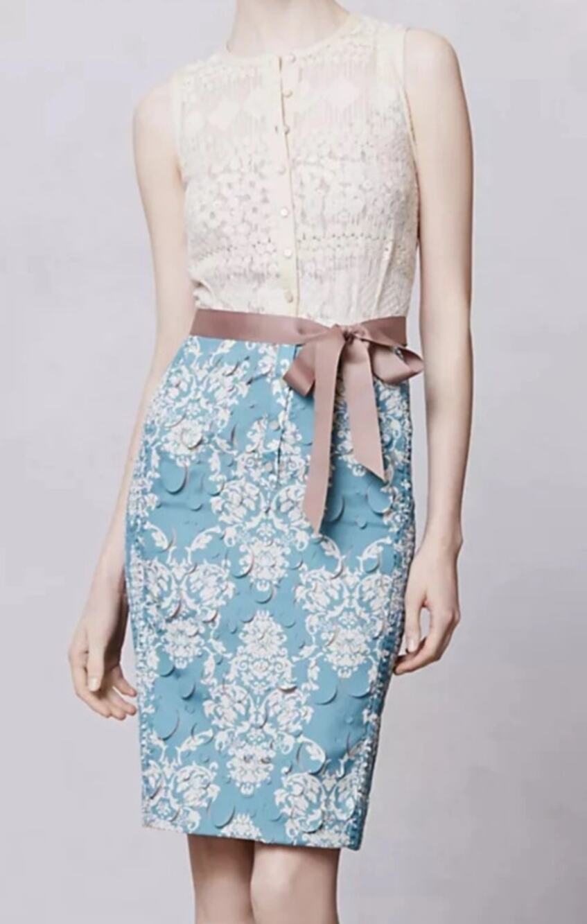 Beguile by Bryon Lars Motif Lace Sheath Dress Cream Blue NWT Belted Women's 0